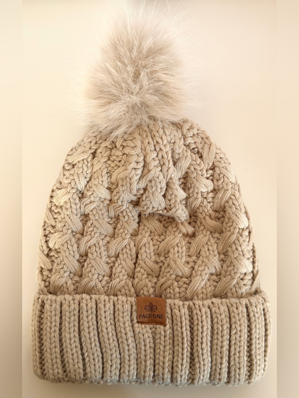 Beige Cable Knit with Faux Fur Pom Beanie